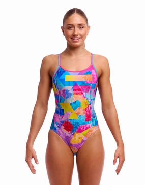 Pixel Paradise Diamond Back Swimsuit - Blue/Pink funkita womens swimsuits, funkita colorful swimwear