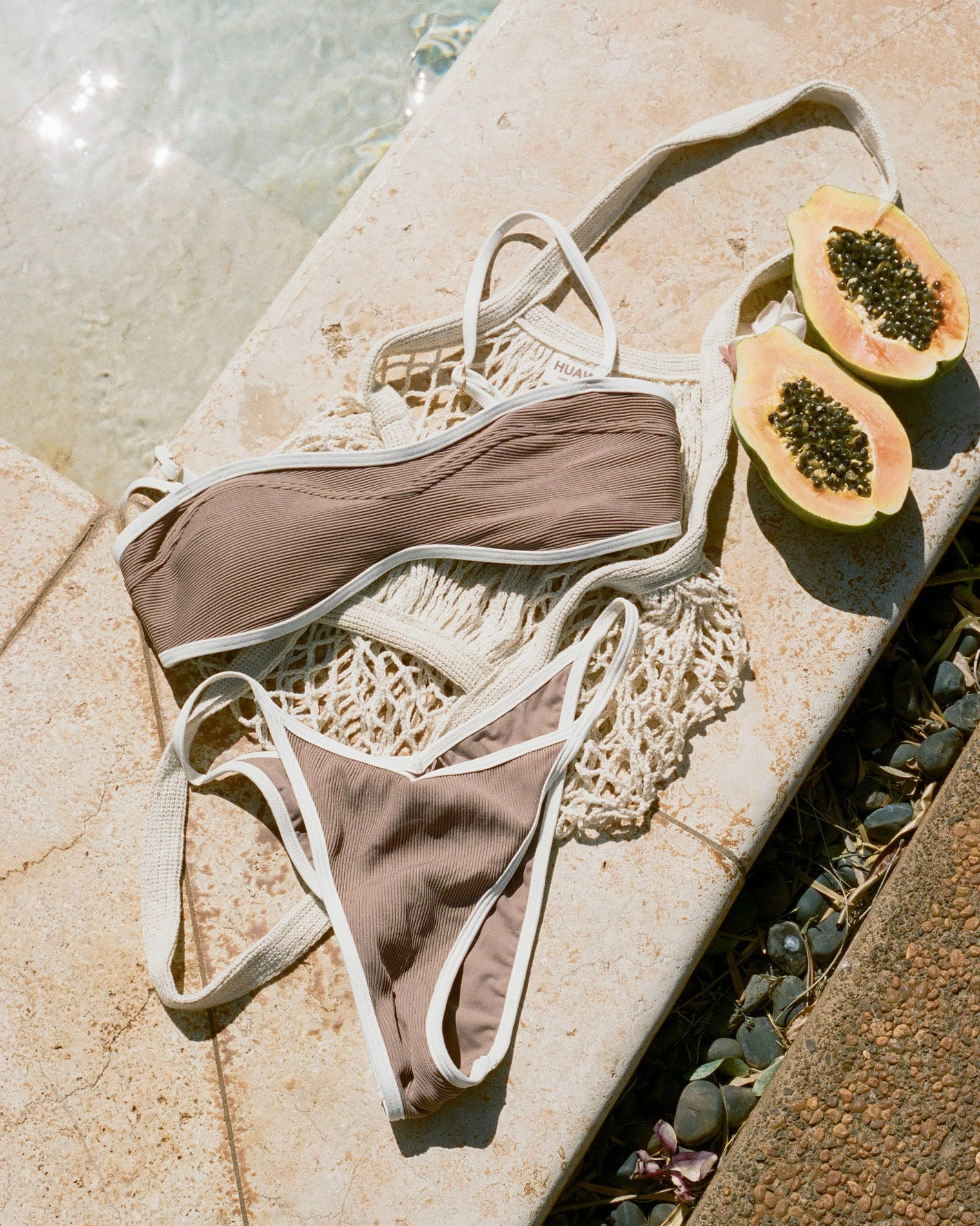 Pixie Bikini Bottom - Saddle-Cream ruched bikini bottoms, hipster swimwear bottoms