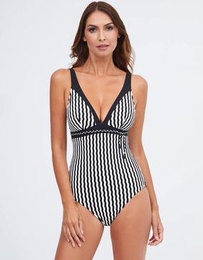 Portofino V Neck Swimsuit - Black and White pool-ready swimwear for women, trendy swimwear collection