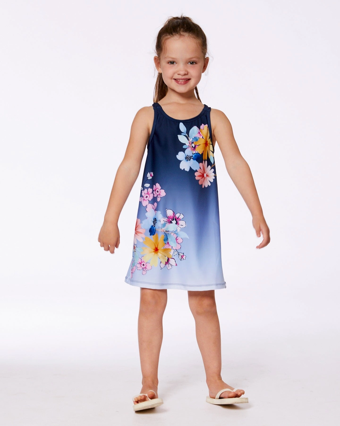 Printed Beach Dress Yellow, Pink Flowers On Navy Blue Background