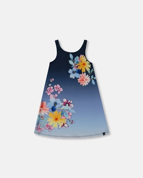 Printed Beach Dress Yellow, Pink Flowers On Navy Blue Background cute swimsuits for teen girls, modest teen swimwear