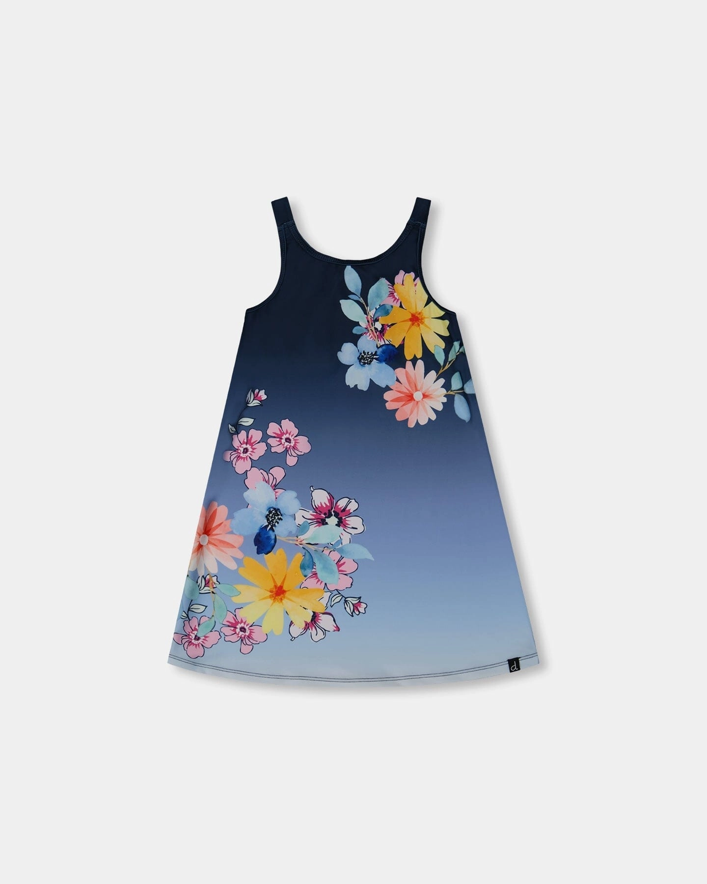Printed Beach Dress Yellow, Pink Flowers On Navy Blue Background cute swimsuits for teen girls, modest teen swimwear