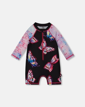 Printed Long Sleeve One-Piece Rashguard Black And Multicolored Butterflies cute swimsuits for teen girls, modest teen swimwear