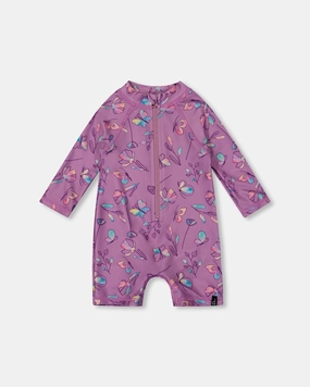 Printed Long Sleeve One-Piece Rashguard Old Mauve And Multicolored Butterflies cute swimsuits for teen girls, modest teen swimwear