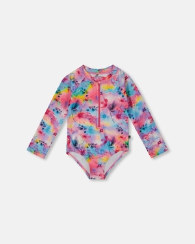 Printed Long Sleeve Rashguard Butterflies On Multicolored Background cute swimsuits for teen girls, modest teen swimwear