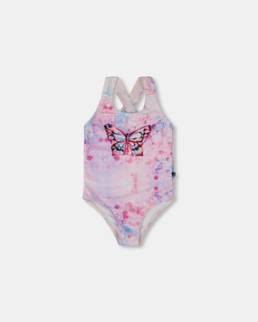 Printed One-Piece Swimsuit Pink Butterflies With Bubble Effects cute swimsuits for teen girls, modest teen swimwear