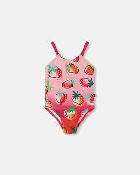 Printed One-Piece Swimsuit Pink Gradient Strawberry cute swimsuits for teen girls, modest teen swimwear