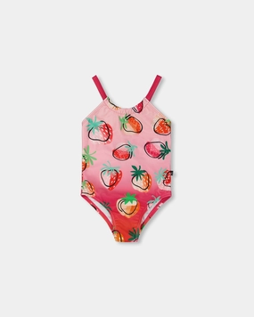 Printed One-Piece Swimsuit Pink Gradient Strawberry cute swimsuits for teen girls, modest teen swimwear