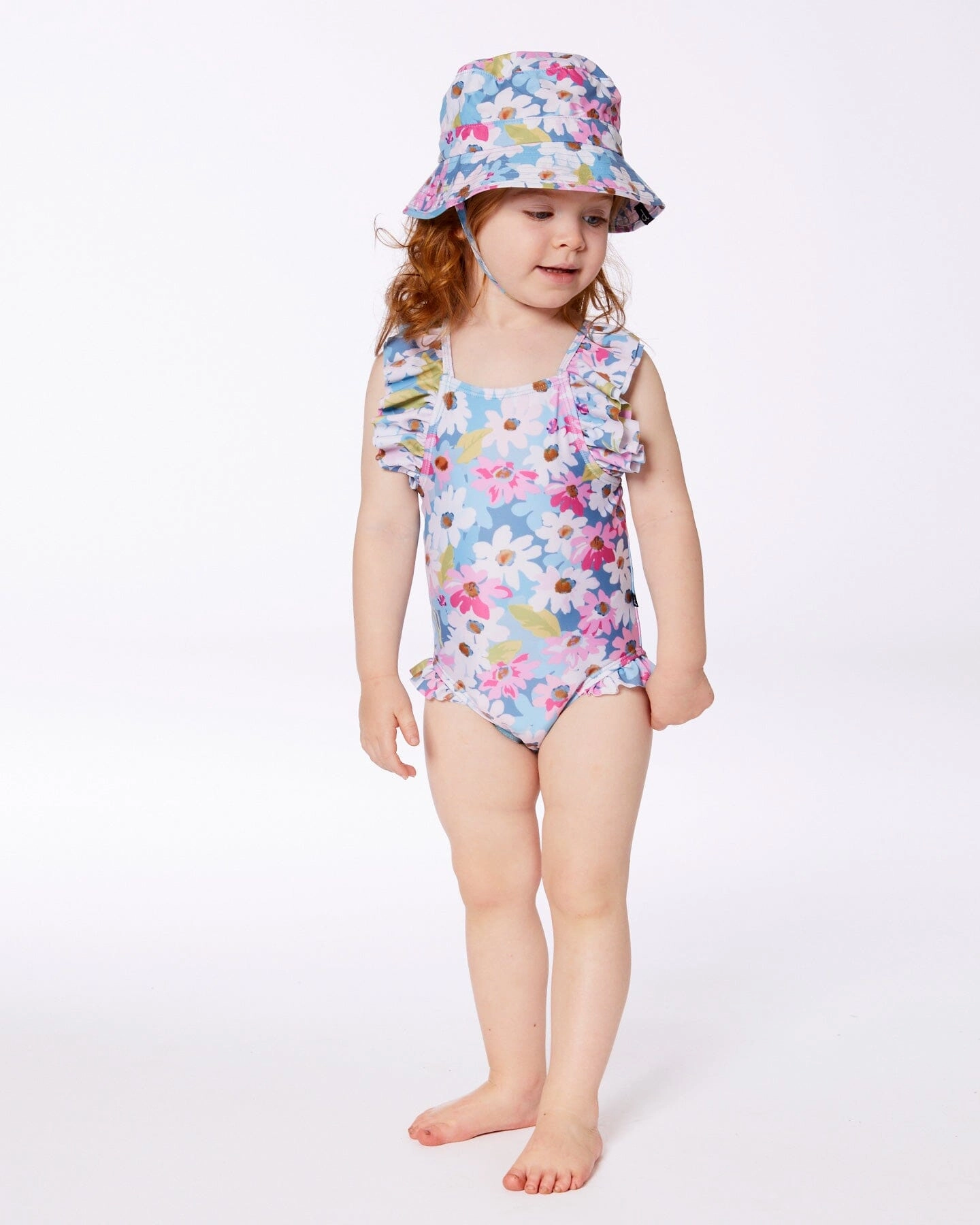 Printed One-Piece Swimsuit With Frills White, Pink, And Green Flowers