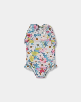 Printed One-Piece Swimsuit With Frills White, Pink, And Green Flowers cute swimsuits for teen girls, modest teen swimwear