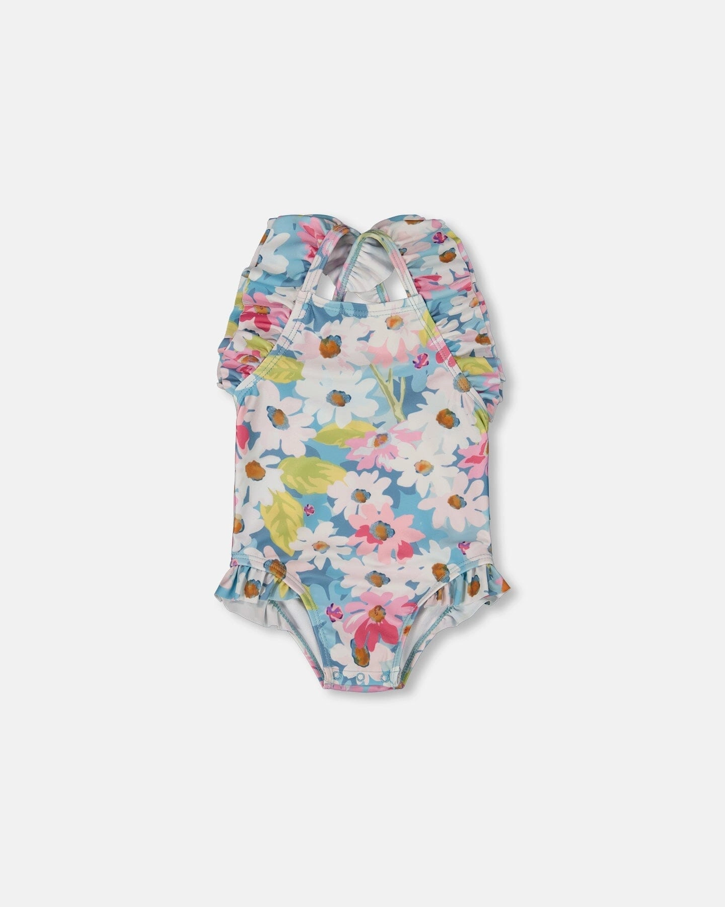 Printed One-Piece Swimsuit With Frills White, Pink, And Green Flowers cute swimsuits for teen girls, modest teen swimwear