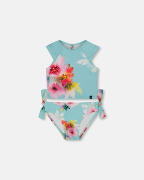 Printed Two-Piece Swimsuit Turquoise And Pink Flowers cute swimsuits for teen girls, modest teen swimwear