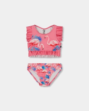 Printed Two-Piece Swimsuit With Frills Candy Pink And Pink Flamingo cute swimsuits for teen girls, modest teen swimwear