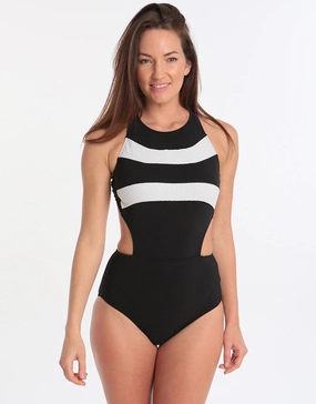 Profile Formula One Sports High Neck One Piece - Black White pool-ready swimwear for women, trendy swimwear collection