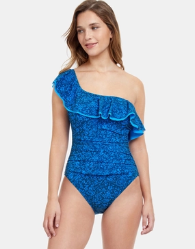 Profile Mehndi Ruffle One Shoulder Swimsuit - Blue plus size swimwear women, curvy womens swimsuits
