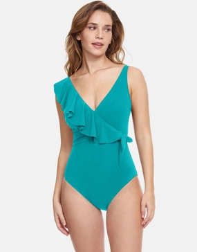 Profile Tutti Frutti Ruffle Surplice Swimsuit - Jade pool-ready swimwear for women, trendy swimwear collection