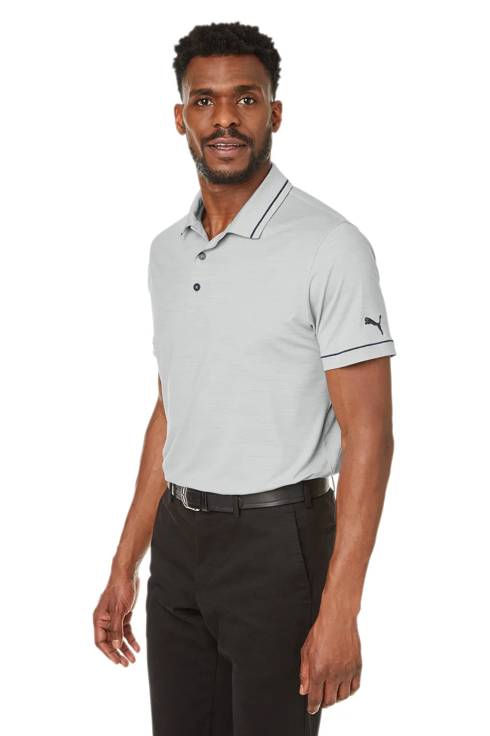 Puma Mens Cloudspun Monarch Moisture Wicking Short Sleeve Polo Shirt - Heather High Rise Grey/Navy Blue