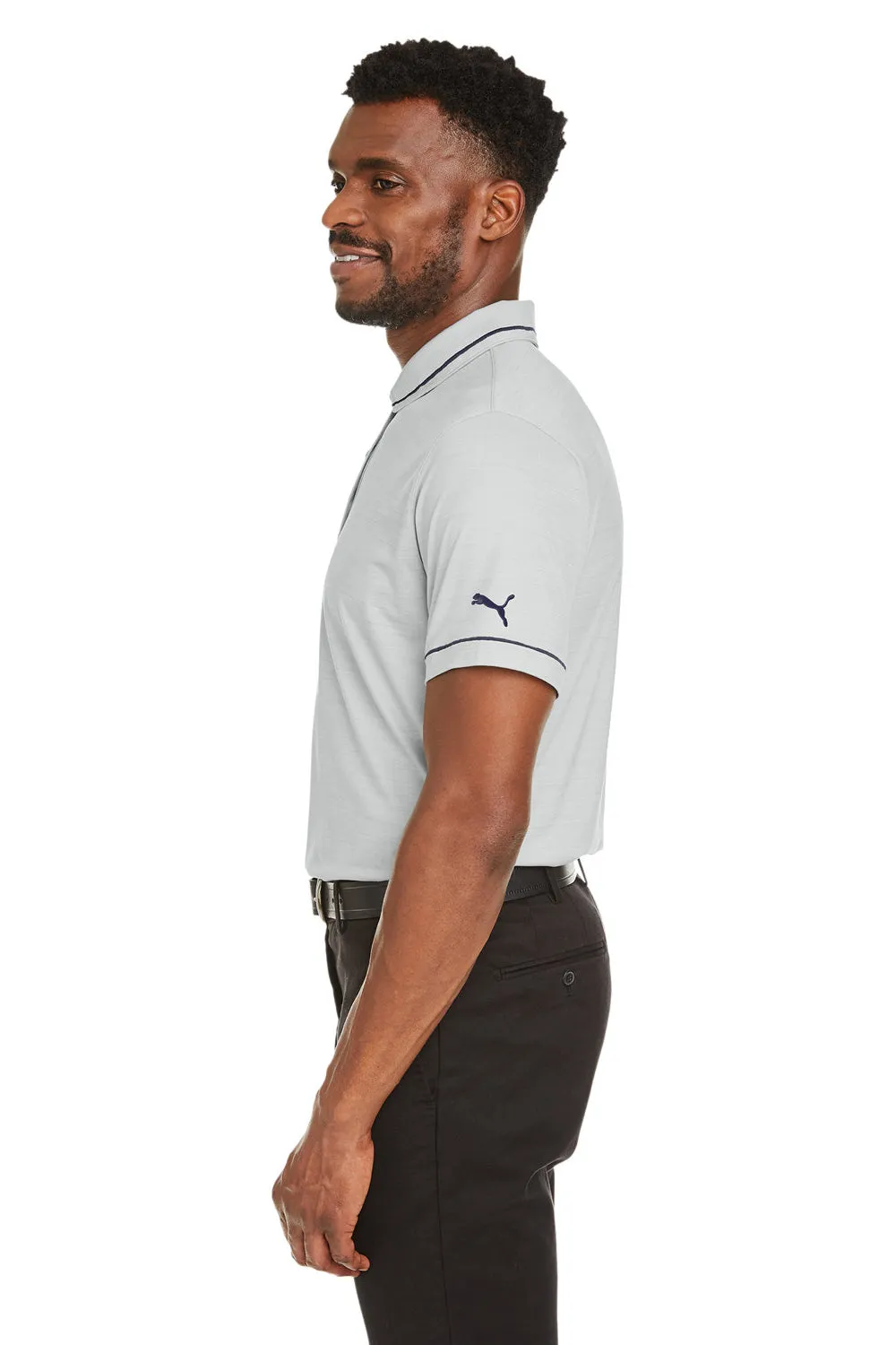 Puma Mens Cloudspun Monarch Moisture Wicking Short Sleeve Polo Shirt - Heather High Rise Grey/Navy Blue