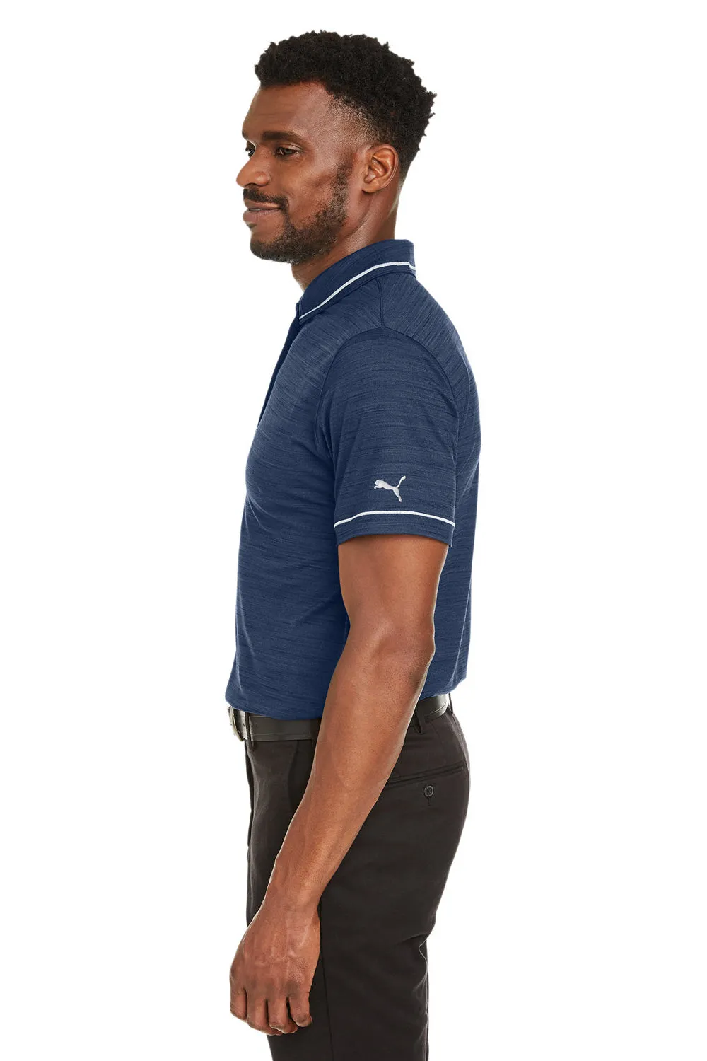 Puma Mens Cloudspun Monarch Moisture Wicking Short Sleeve Polo Shirt - Heather Navy Blue/High Rise Grey