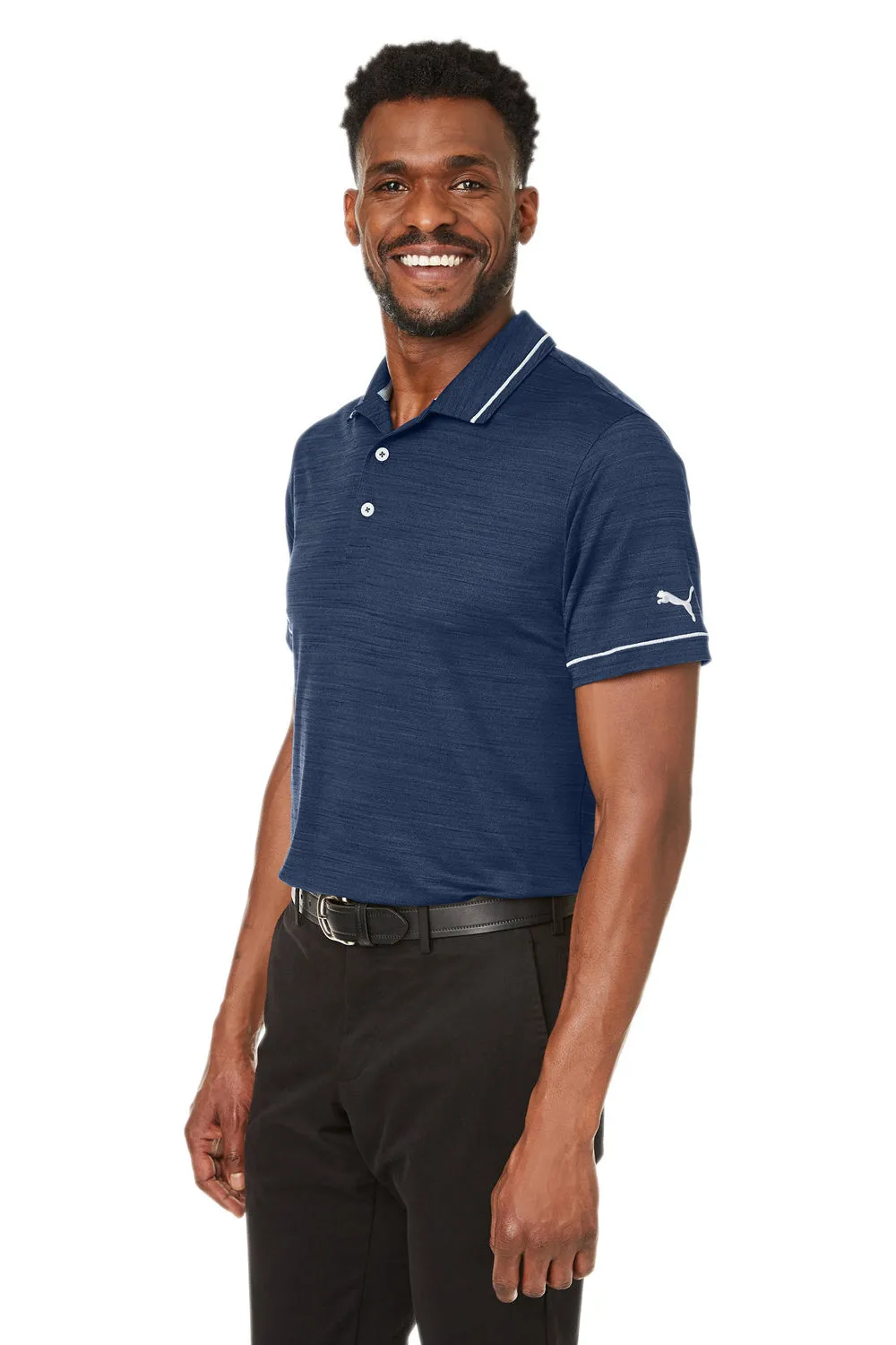 Puma Mens Cloudspun Monarch Moisture Wicking Short Sleeve Polo Shirt - Heather Navy Blue/High Rise Grey