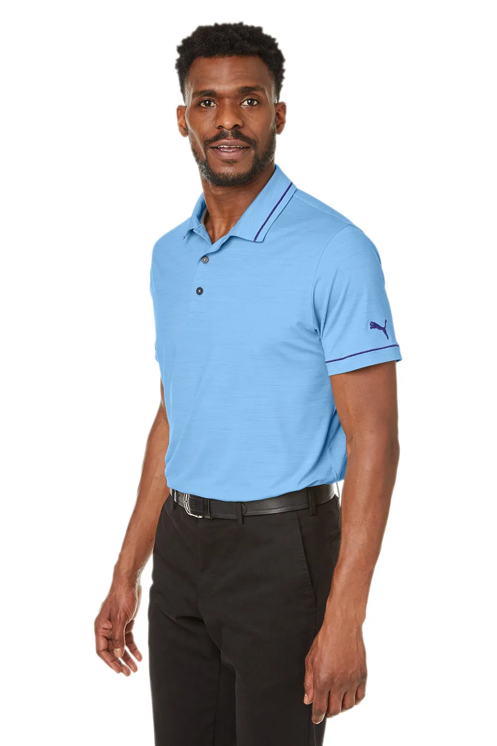 Puma Mens Cloudspun Monarch Moisture Wicking Short Sleeve Polo Shirt - Heather Placid Blue/Navy Blue