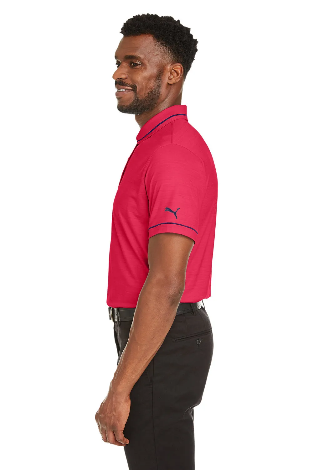 Puma Mens Cloudspun Monarch Moisture Wicking Short Sleeve Polo Shirt - Heather Teaberry Red/Navy Blue