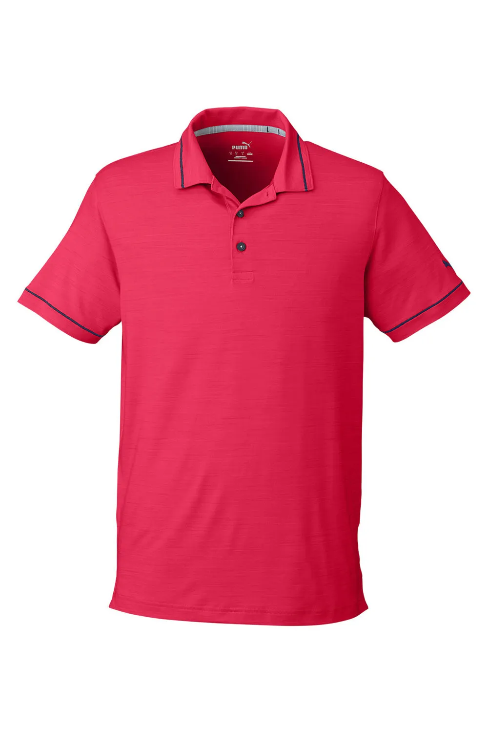 Puma Mens Cloudspun Monarch Moisture Wicking Short Sleeve Polo Shirt - Heather Teaberry Red/Navy Blue