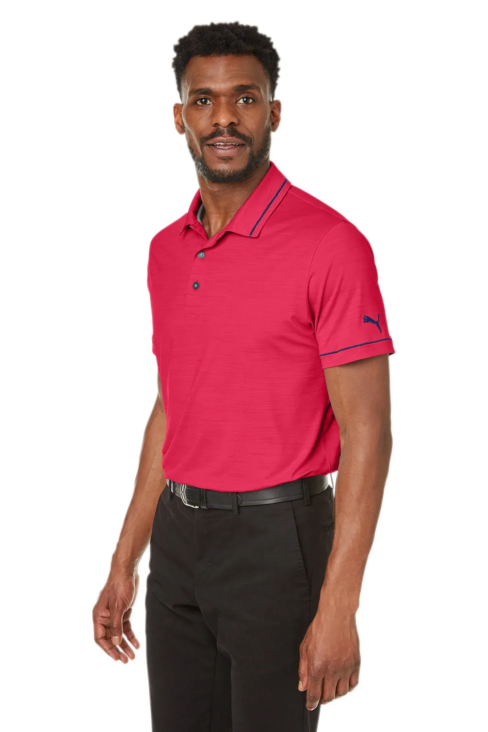 Puma Mens Cloudspun Monarch Moisture Wicking Short Sleeve Polo Shirt - Heather Teaberry Red/Navy Blue