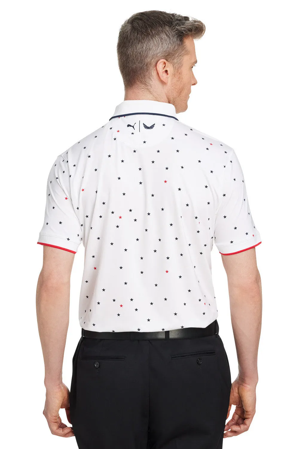 Puma Mens Volition Skylight Moisture Wicking Short Sleeve Polo Shirt - Bright White/Navy Blue/Red