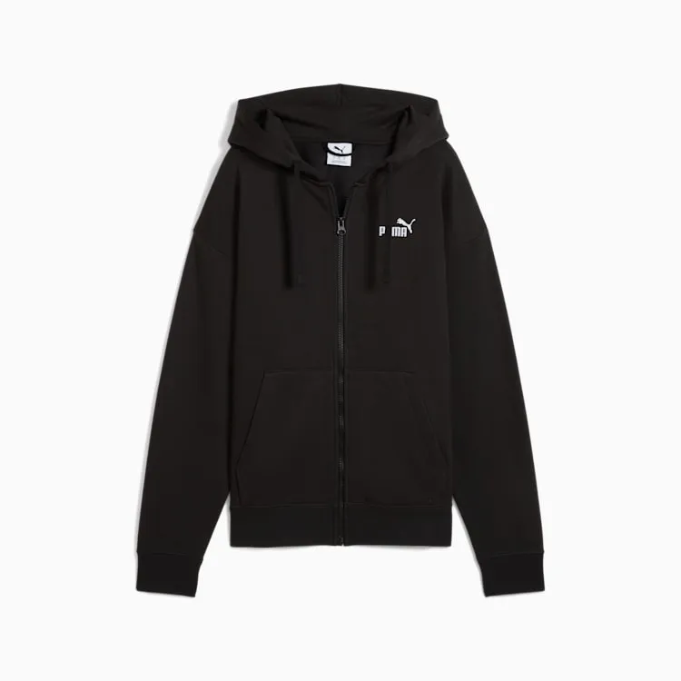 PUMA WOMEN'S ESSENTIALS SMALL LOGO FLEECE FULL-ZIP BLACK HOODIE