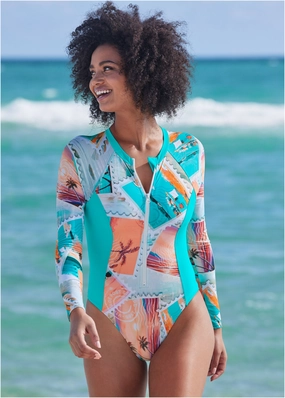 RASH GUARD ONE-PIECE - Vacation Letter swimwear with tummy control, elegant swimsuits for women