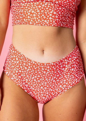Red Ditsy Floral | Mid-Rise Bottoms elastic waistband swim bottoms, mix-and-match bikini bottoms