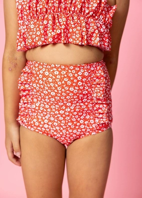 Red Ditsy Floral | Mini Down in Front Ruffle Bottoms cute girls swimsuits, stylish swimwear for girls