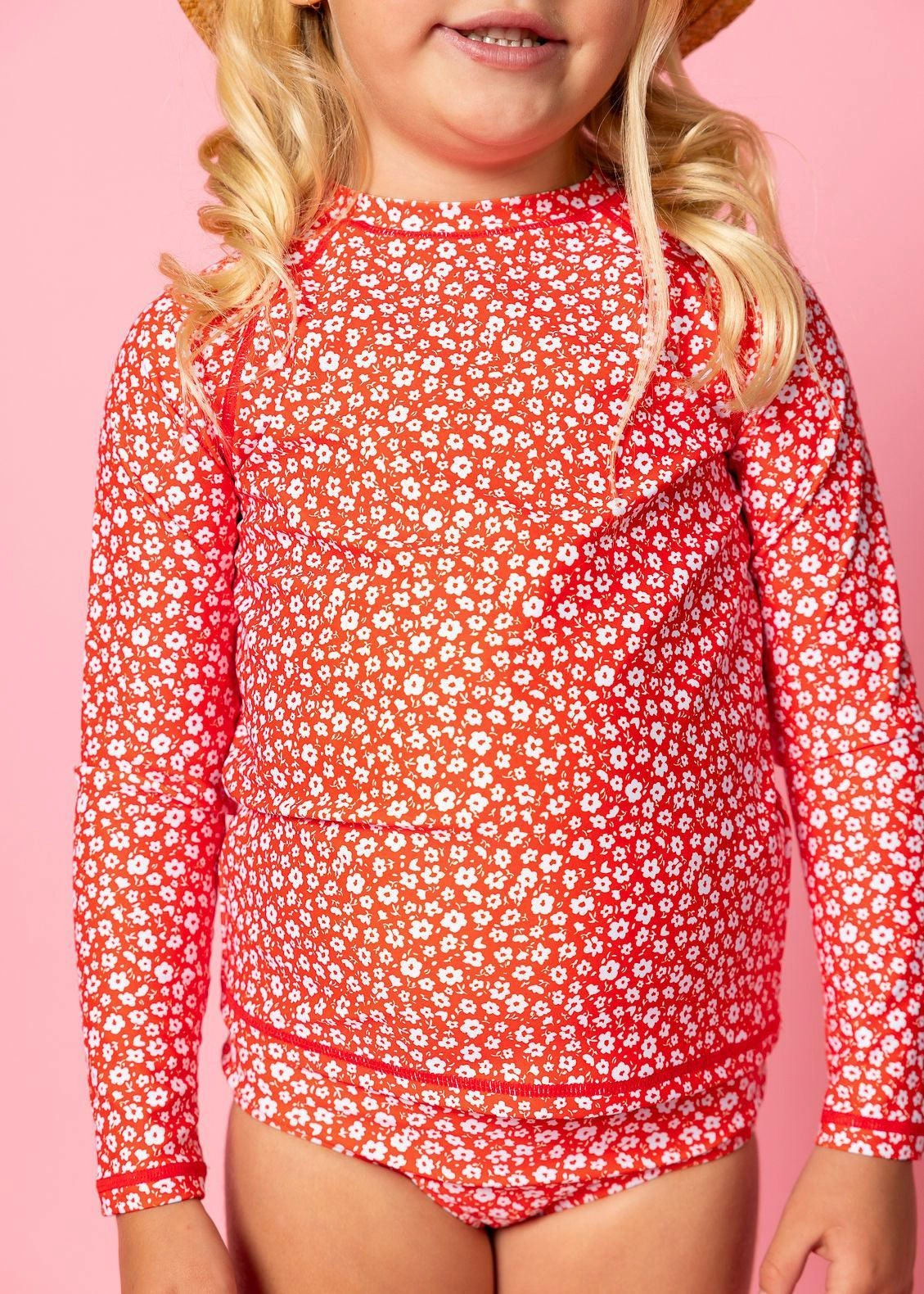 Red Ditsy Floral | Mini Rashguard Top (Unisex) boys summer swimwear, boys rash guard swim sets