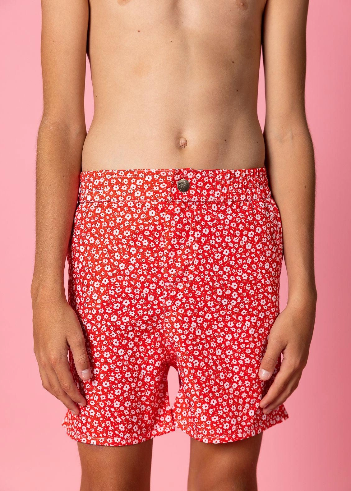 Red Ditsy Floral | Youth Boardies boys summer swimwear, boys rash guard swim sets