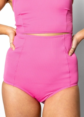 Ribbed Azalea Pink | Extended High-Waisted Bottoms elastic waistband swim bottoms, mix-and-match bikini bottoms