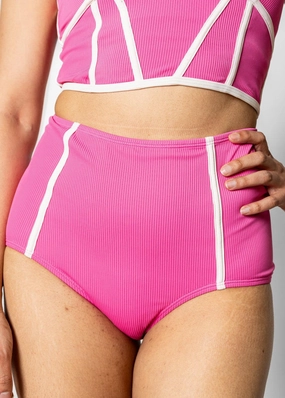 Ribbed Azalea Pink | Lined Up Bottoms elastic waistband swim bottoms, mix-and-match bikini bottoms