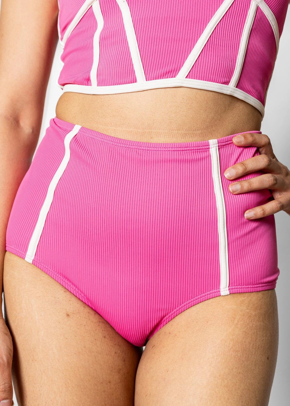 Ribbed Azalea Pink | Lined Up Bottoms elastic waistband swim bottoms, mix-and-match bikini bottoms