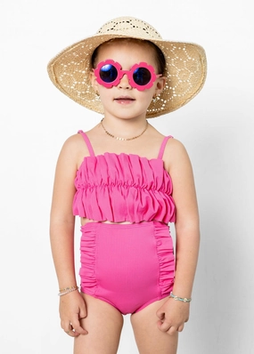 Ribbed Azalea Pink | Mini Down in Front Ruffle Bottoms cute girls swimsuits, stylish swimwear for girls