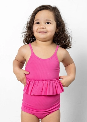 Ribbed Azalea Pink | Mini High-Waisted Bottoms cute girls swimsuits, stylish swimwear for girls