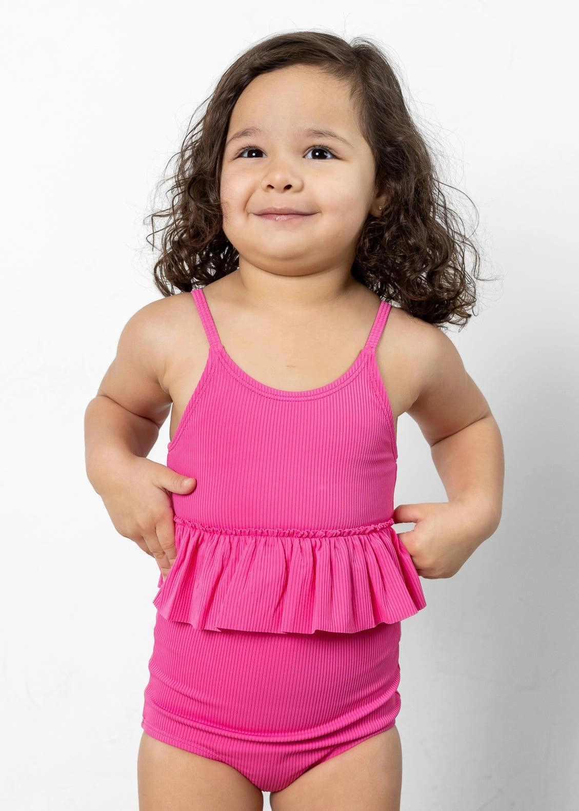 Ribbed Azalea Pink | Mini High-Waisted Bottoms cute girls swimsuits, stylish swimwear for girls