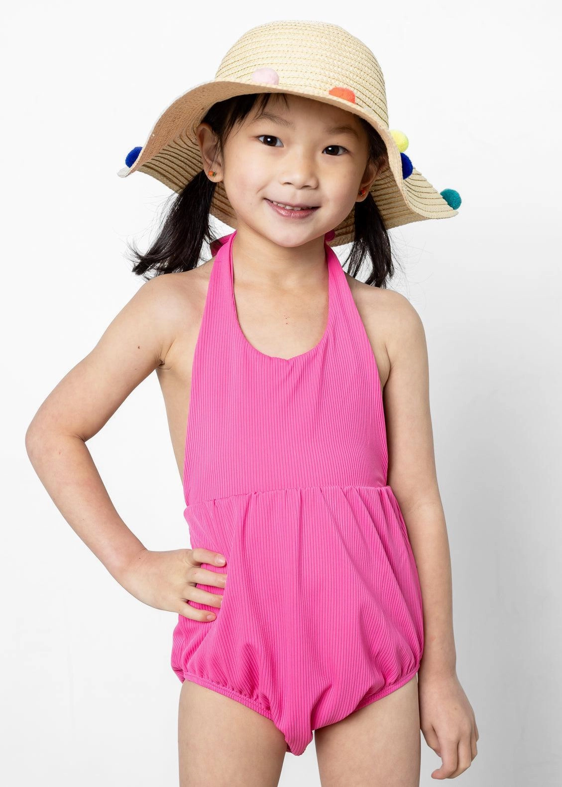 Ribbed Azalea Pink | Mini Romper One-Piece cute girls swimsuits, stylish swimwear for girls