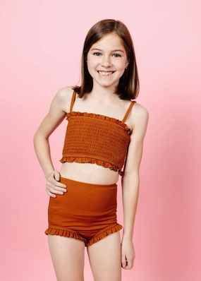 Ribbed Caramel | Mini All Ruffled Up Bottoms cute girls swimsuits, stylish swimwear for girls