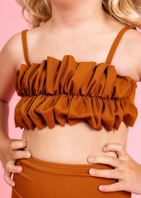 Ribbed Caramel | Mini Oversized Ruffle Top cute girls swimsuits, stylish swimwear for girls