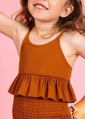 Ribbed Caramel | Mini Peplum Top cute girls swimsuits, stylish swimwear for girls