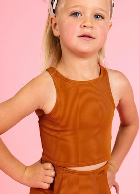 Ribbed Caramel | Mini Racer Back Top cute girls swimsuits, stylish swimwear for girls