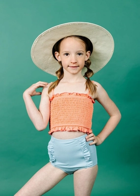 Ribbed Dusty Light Blue | Mini Down in Front Ruffle Bottoms cute girls swimsuits, stylish swimwear for girls