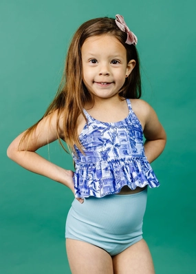 Ribbed Dusty Light Blue | Mini High-Waisted Bottoms cute girls swimsuits, stylish swimwear for girls