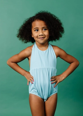 Ribbed Dusty Light Blue | Mini Romper One-Piece cute girls swimsuits, stylish swimwear for girls