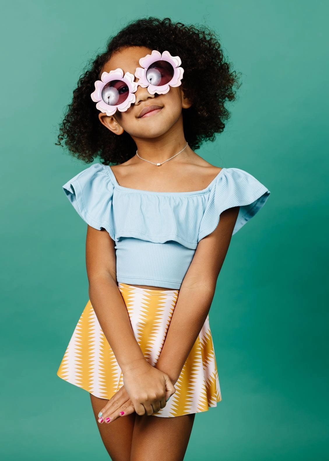 Ribbed Dusty Light Blue | Mini Ruffled Around Top cute girls swimsuits, stylish swimwear for girls